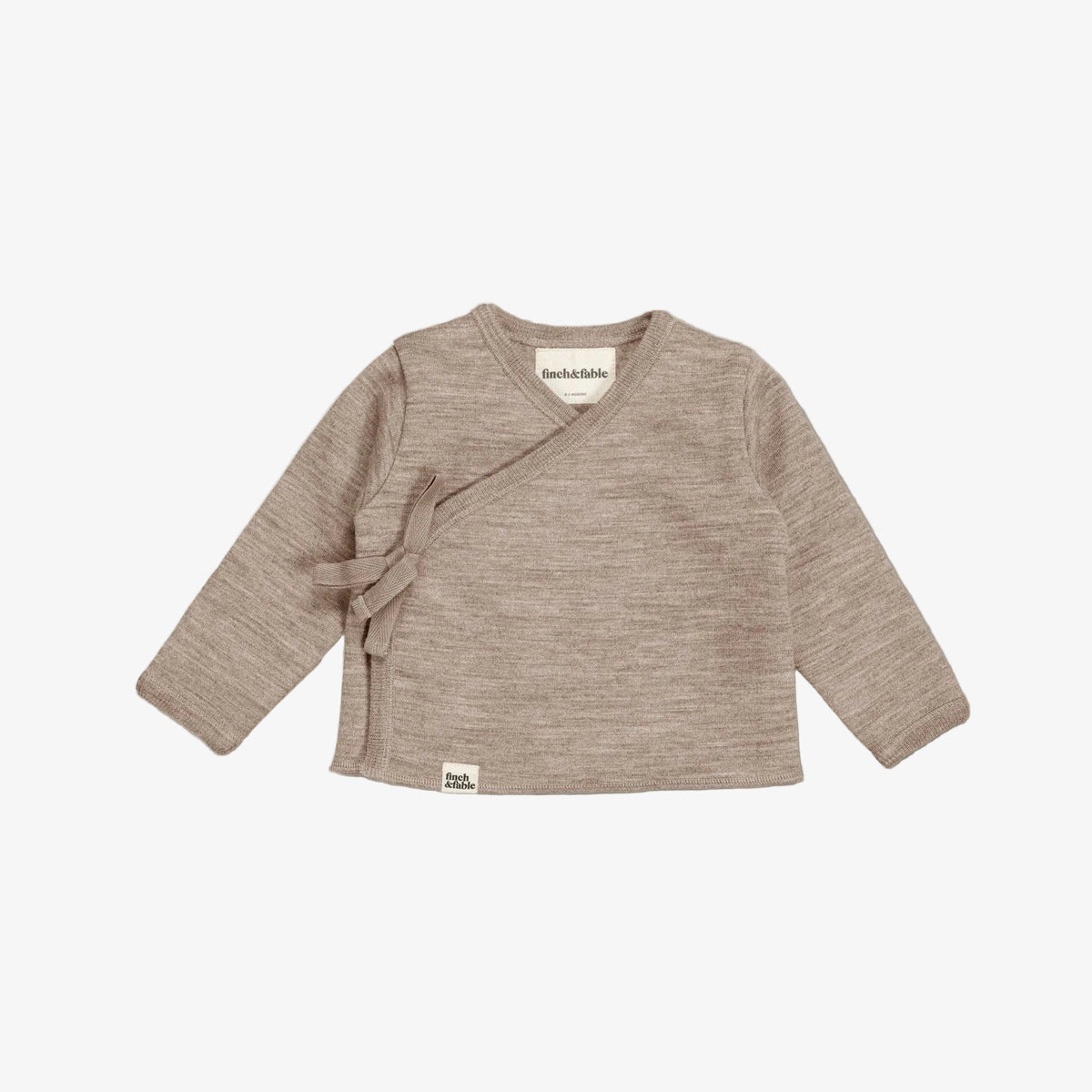 Baby wrap sweater in brown on a light gray background