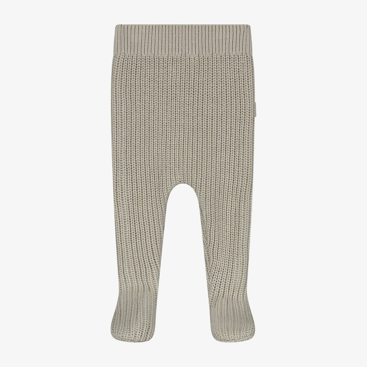A pair of ribbed knit baby booties in a light oatmeal beige color, shown flat against a neutral light gray background.