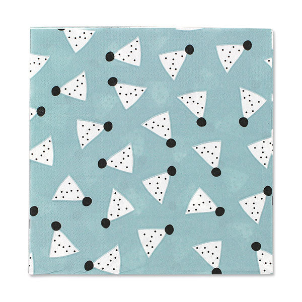 A square paper napkin with a light blue background, featuring a pattern of white watermelon slices with black seeds and black dots.