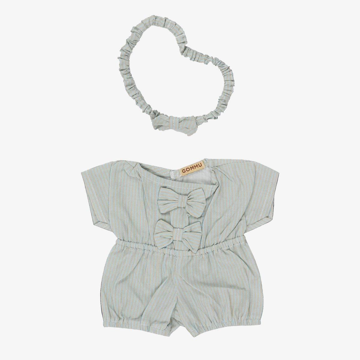 A baby romper set in a light sage green fabric, featuring a short-sleeve romper with a ruffled bow at the back neckline and a matching ruffled headband, laid flat on a white background.