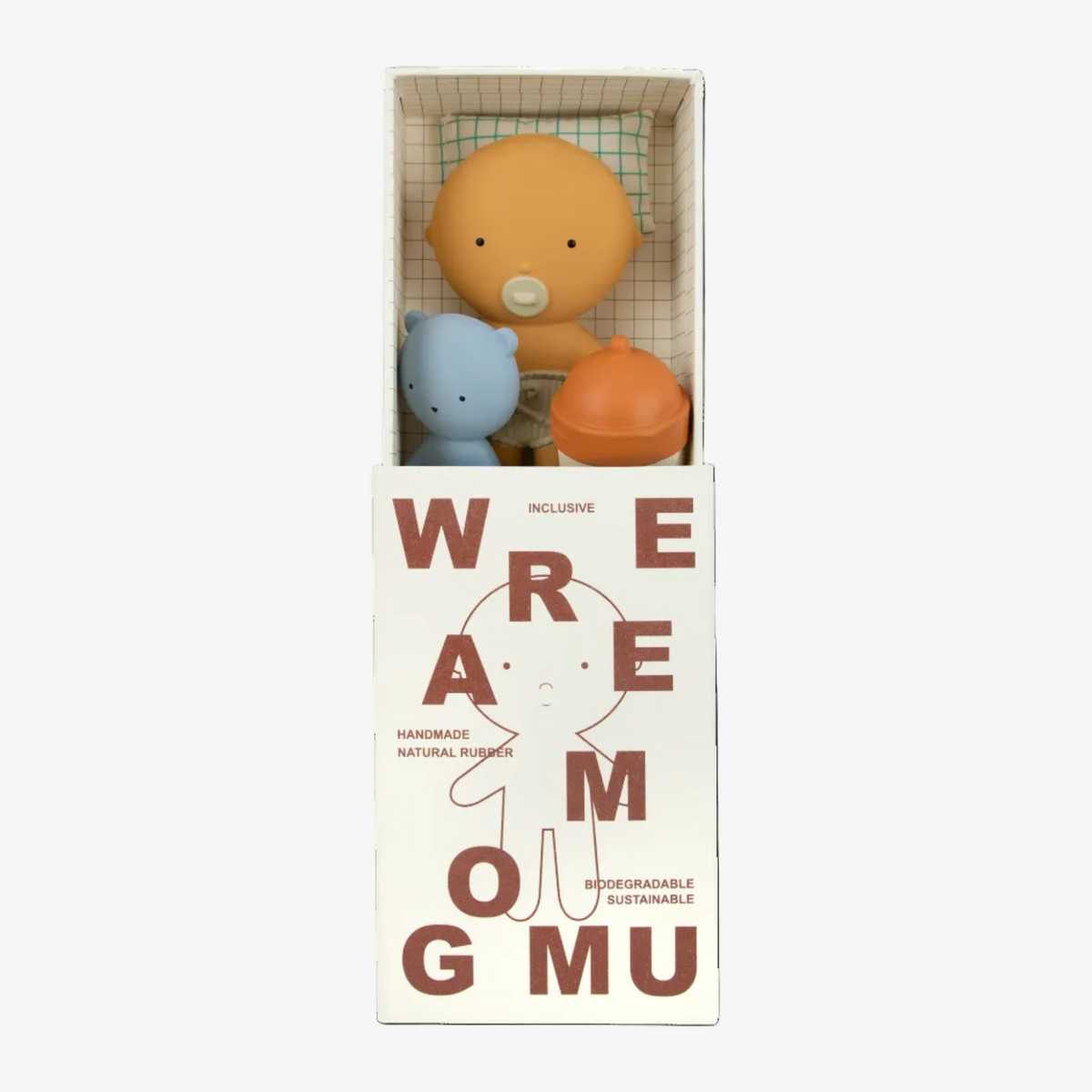 Two toy figures, one orange and one blue, in a box with 'Wreamong Mu' branding on a white background.