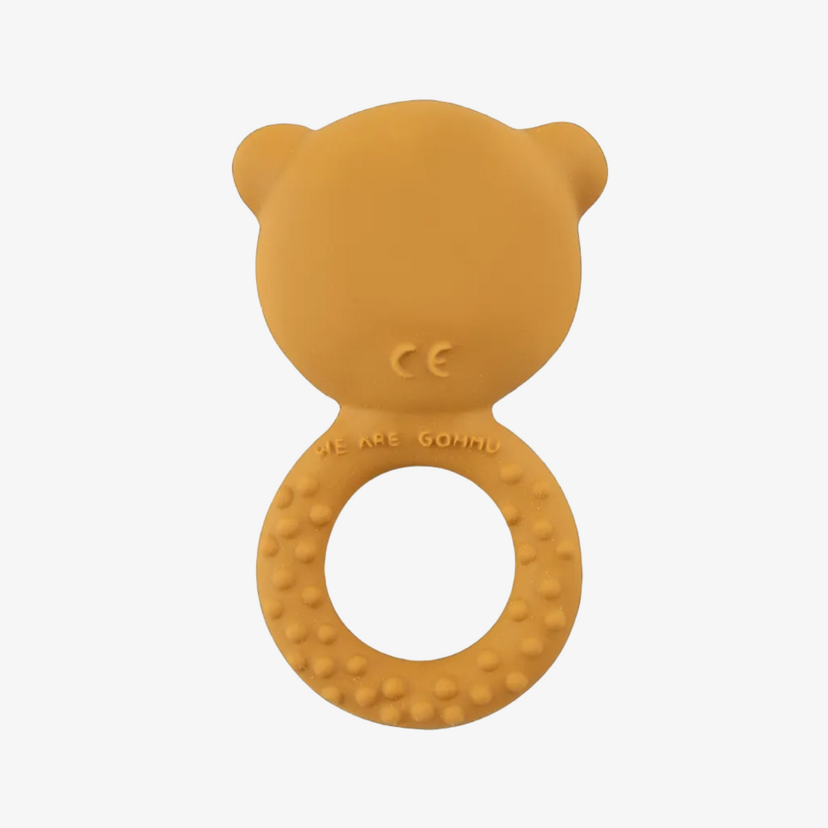 Yellow bear-shaped teething ring on a white background