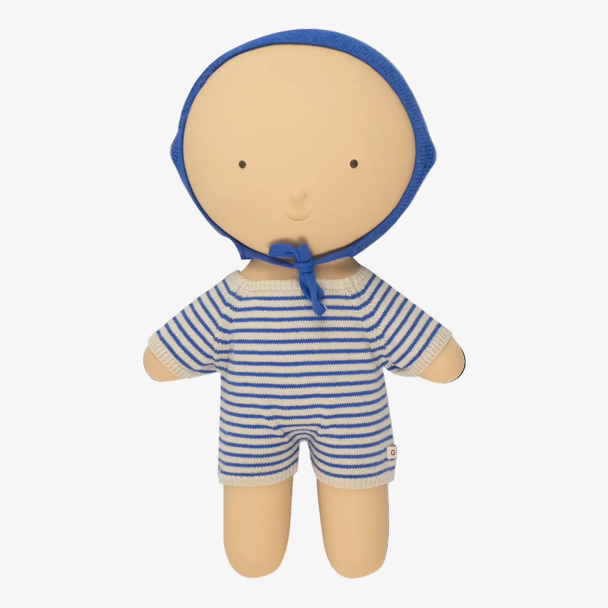 A soft fabric doll with a round beige face and limbs, wearing a blue bonnet and a blue-and-white striped short-sleeve romper, centered on a plain white background.
