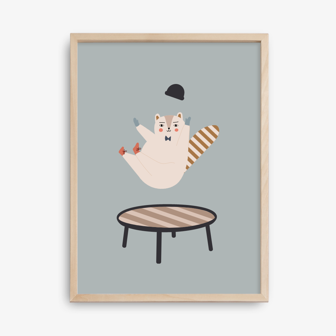 A playful art print of a cat wearing a striped hat, jumping off a table, framed in a simple wooden frame.