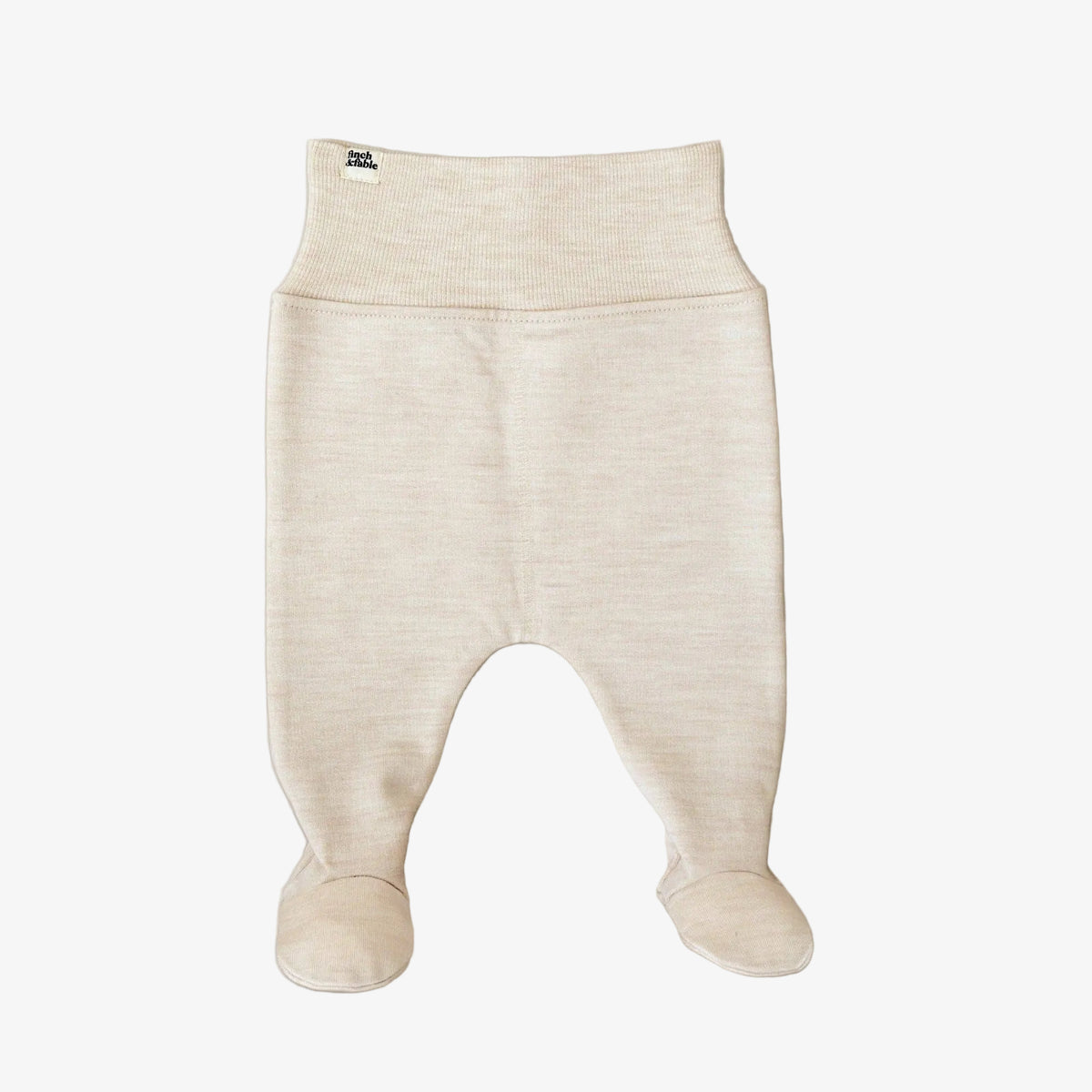 A pair of cream-colored knit footed pants with a wide ribbed waistband, shown flat against a light gray background. 
