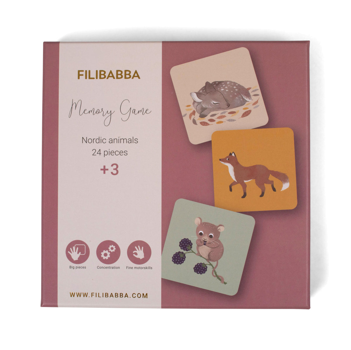 Filibabba memory game packaging with Nordic animal illustrations on a pink background