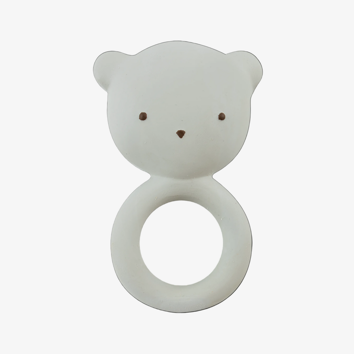 Grey silicone baby teether with a bear head design and a ring handle, featuring small brown embroidered eyes and nose, set against a plain white background.