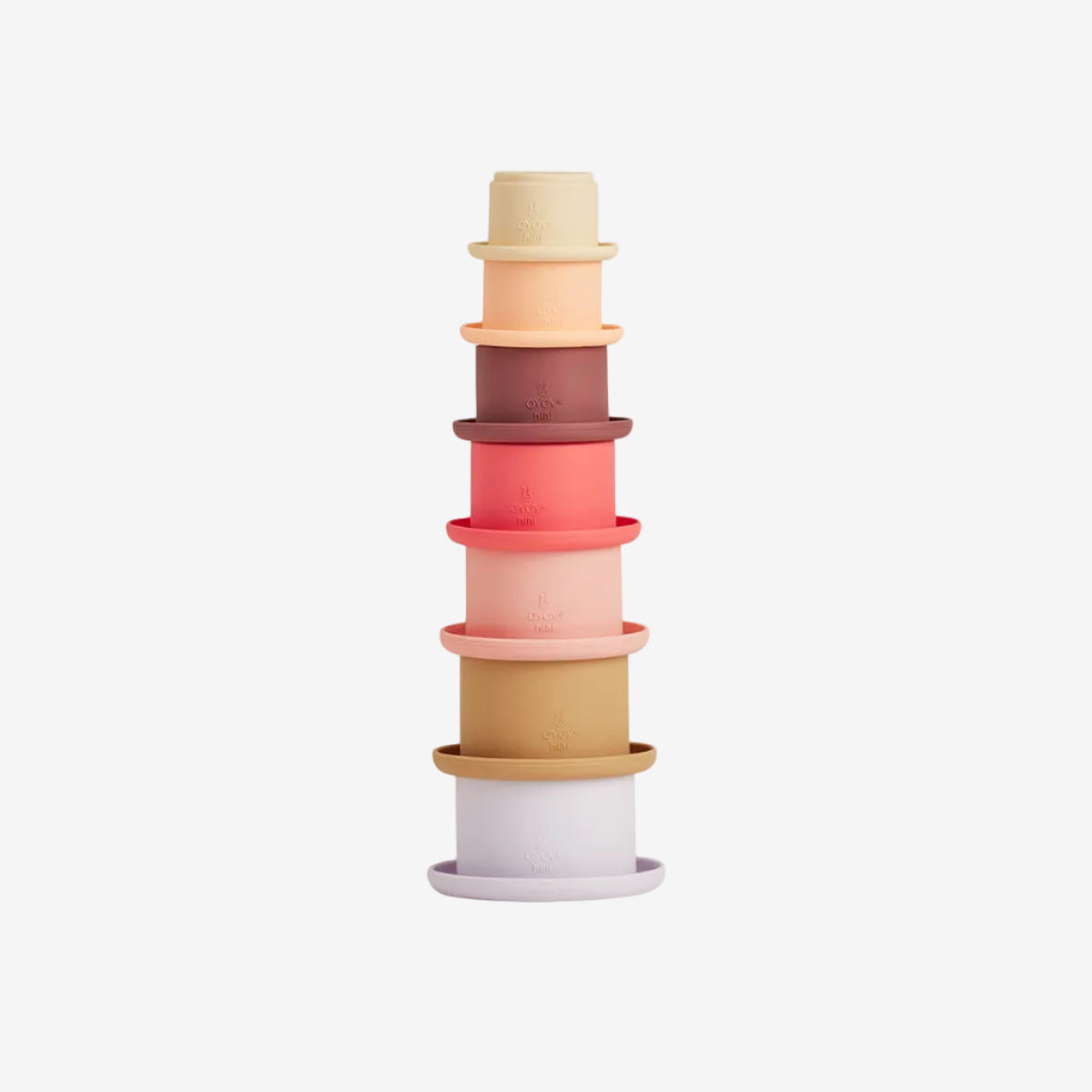 Stack of colorful cylindrical containers on a light gray background