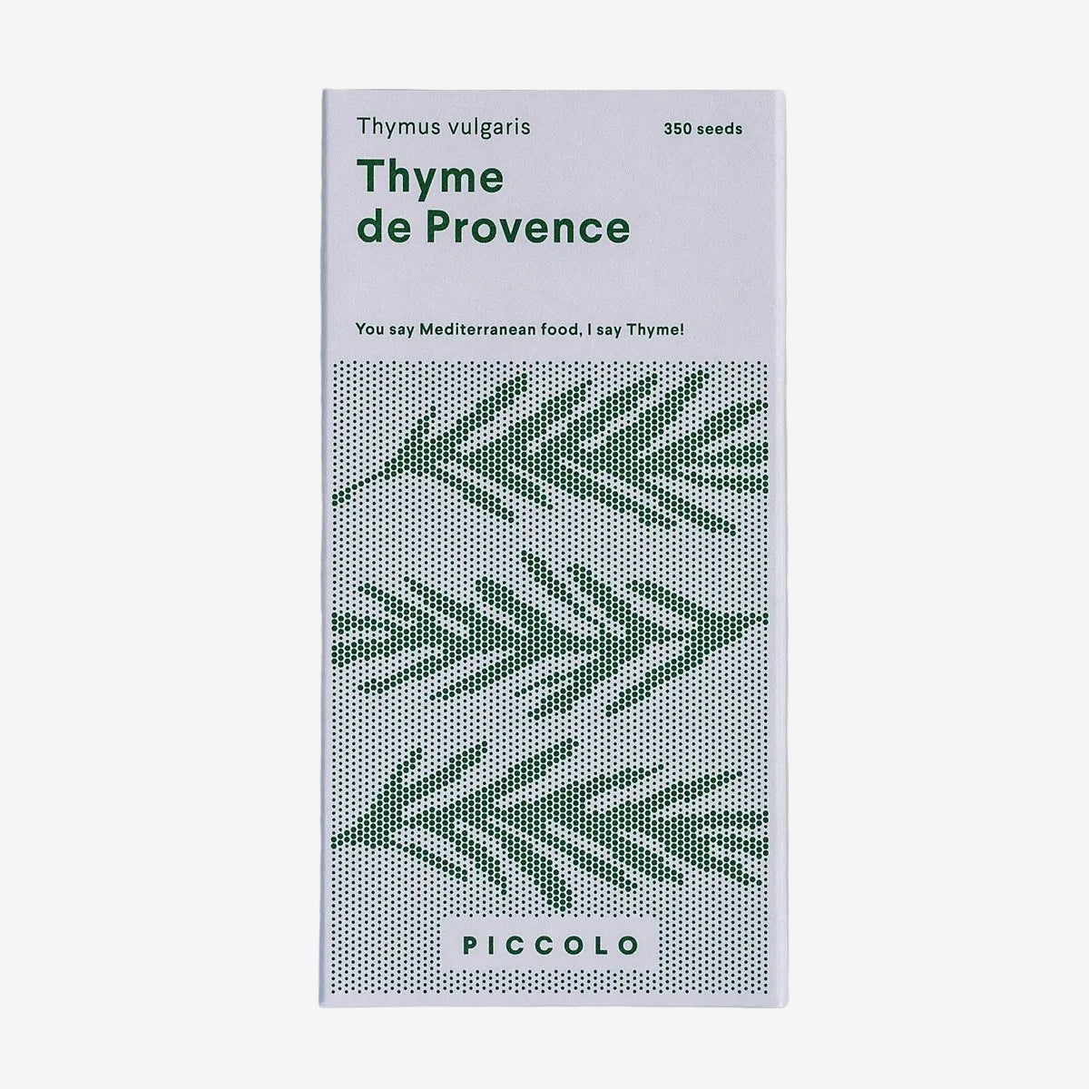 Packaging for Thyme de Provence seeds with green leaf design on a light blue background