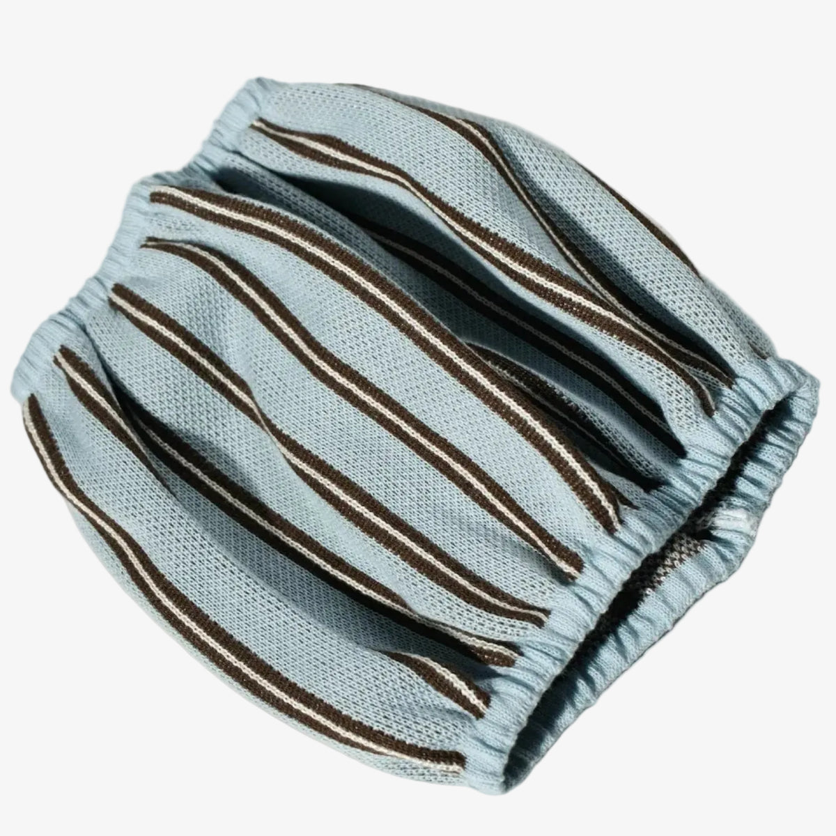 A light blue mesh drawstring pouch with vertical brown stripes, folded on a light gray background. 